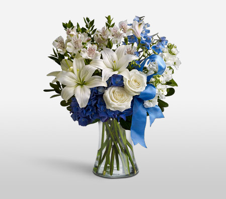 Cool Water-Blue,White,Hydrangea,Lily,Mixed Flower,Bouquet