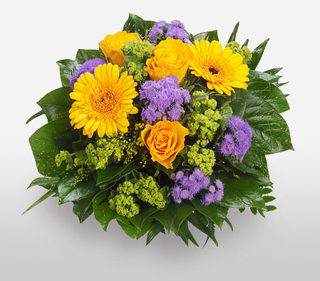 Fabrice-Green,Purple,Yellow,Daisy,Gerbera,Rose,Bouquet