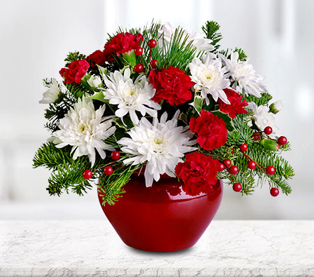 Xmas Treasure-Red,White,Lily,Rose,Arrangement,Basket