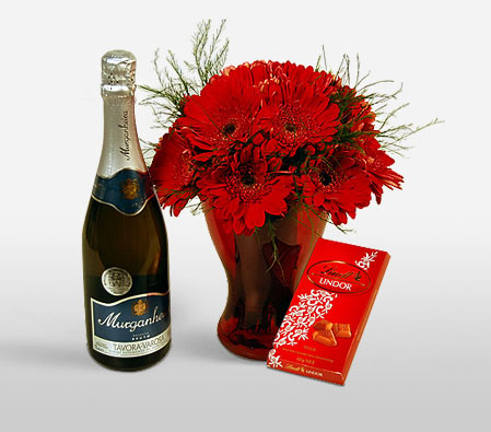 Valentines Surprise-Red,Chocolate,Daisy,Gerbera,Hamper,Champagne