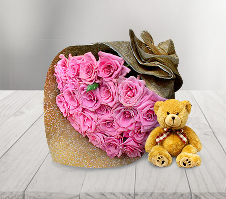 Kissed By A Rose-Pink,Rose,Teddy,Bouquet
