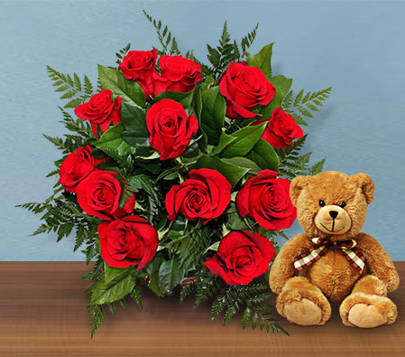 Sparkling Red Roses-Red,Rose,Teddy,Bouquet