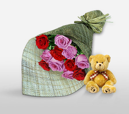 Red & Lilac Roses-Pink,Red,Rose,Teddy,Bouquet