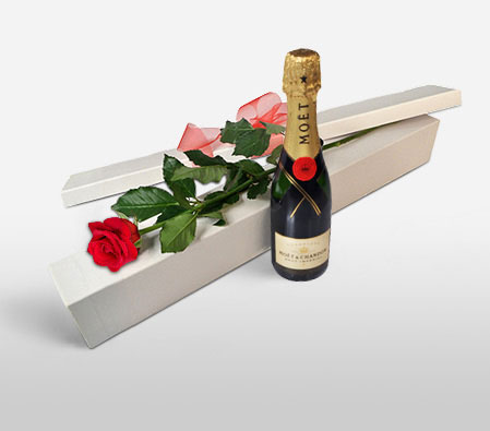 Single Rose With Moet-Red,Rose,Wine,Bouquet,Hamper