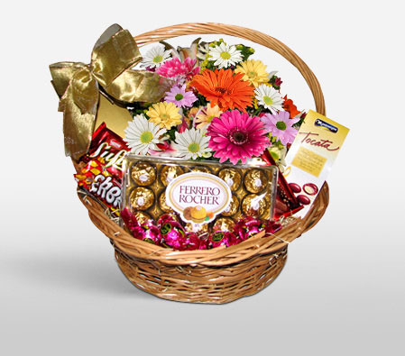 Chocolates And Flowers Basket-Mixed,Mixed Flower,Gourmet,Chocolate,Basket,Hamper