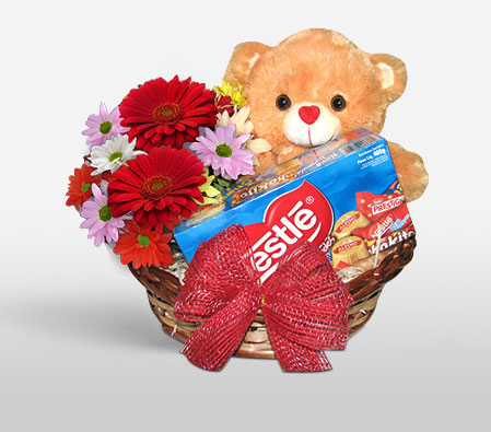 Flower Bear-Mixed,Chocolate,Gourmet,Mixed Flower,Basket,Hamper,Soft Toys