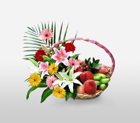 Flowers & Fruit Basket-Mixed,Pink,Yellow,Fruit,Gourmet,Arrangement,Basket,Hamper