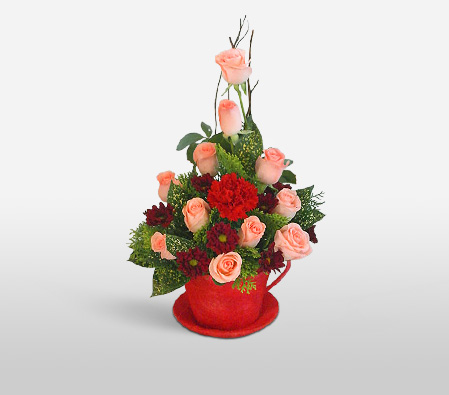 Beautiful Blooms-Peach,Pink,Red,Carnation,Rose,Arrangement