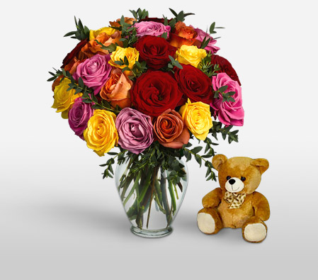 Marvel 24 Assorted Roses-Lavender,Mixed,Orange,Pink,Red,Yellow,Teddy,Arrangement
