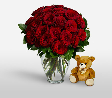 24 Red Roses-Red,Rose,Teddy,Bouquet