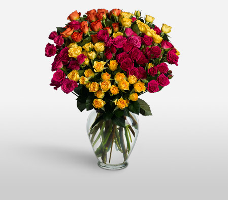 Fantasia 16 Long Stem Spray Roses-Mixed,Orange,Pink,Red,Yellow,Mixed Flower,Rose,Arrangement