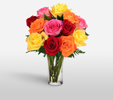 One Dozen Rainbow Roses-Orange,Pink,Red,Yellow,Rose,Bouquet