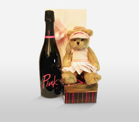 Pink Champagne With Teddy & Chocolates
