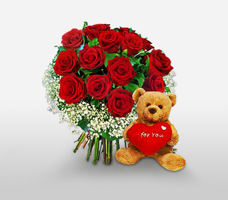Roses N Teddy Combo-Red,Rose,Teddy Bear,Bouquet