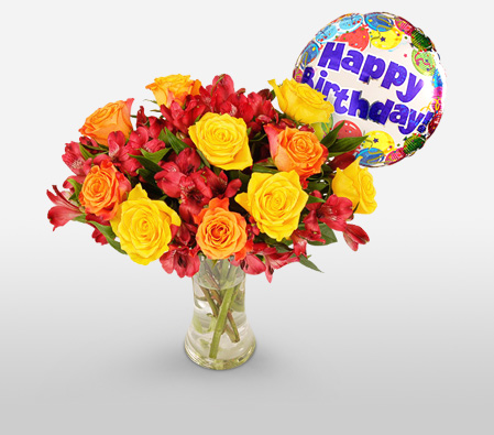 Birthday Surprise-Red,Mixed,Orange,Freesia,Rose,Bouquet