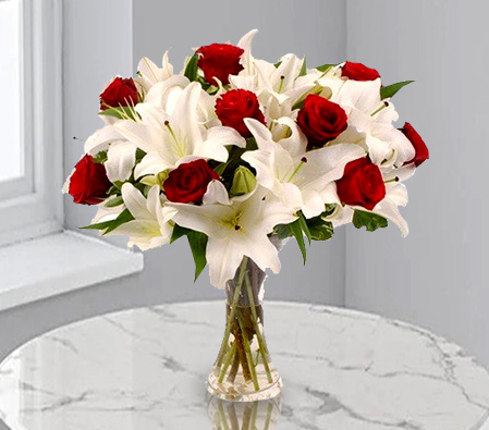 Fire & Ice-Red,White,Lily,Rose,Arrangement