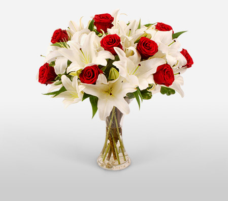 Fire & Ice-Red,White,Lily,Rose,Arrangement