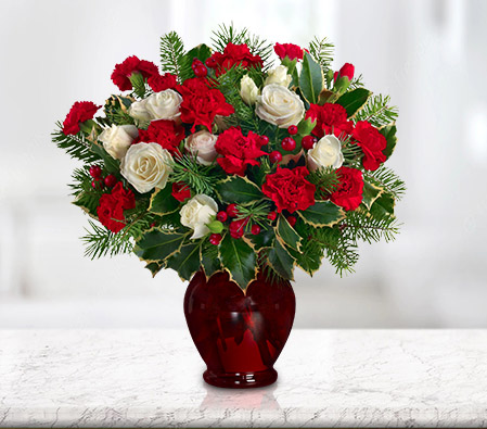 Red Christmas Flowers-Green,Red,White,Carnation,Rose,Arrangement,Bouquet