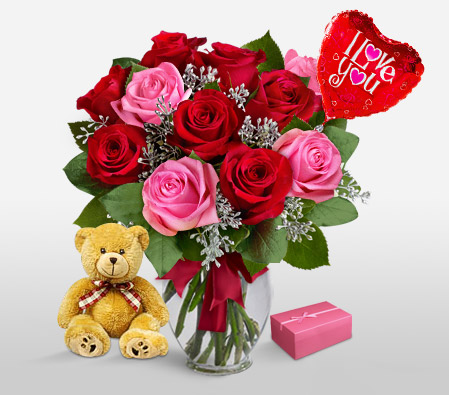Sinful Surprise-Pink,Red,Balloons,Chocolate,Rose,Teddy Bear,Arrangement