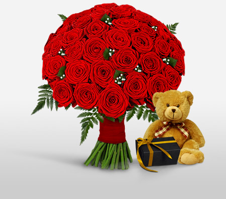 50 Red Roses With Teddy and Chocolates-Red,Chocolate,Rose,Teddy Bear,Bouquet,Soft Toys