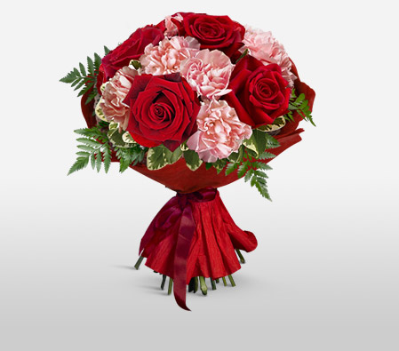 Dahlia Embrace - Red Roses & Pink Carnations-Pink,Red,Carnation,Rose,Bouquet