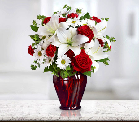 Be My Love-Red,White,Mixed,Rose,Daisy,Lily,Bouquet