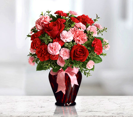 Hugs And Kisses<Br><span>Carnations and Roses in Vase</span>