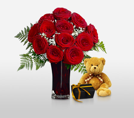 Love Medley-Red,Chocolate,Rose,Teddy Bear,Bouquet,Soft Toys