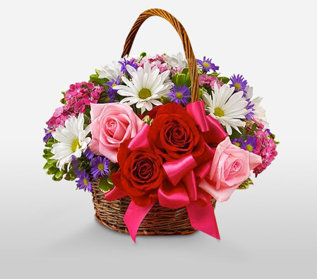 Floral Basket-Pink,Purple,Red,White,Chrysanthemum,Rose,Basket