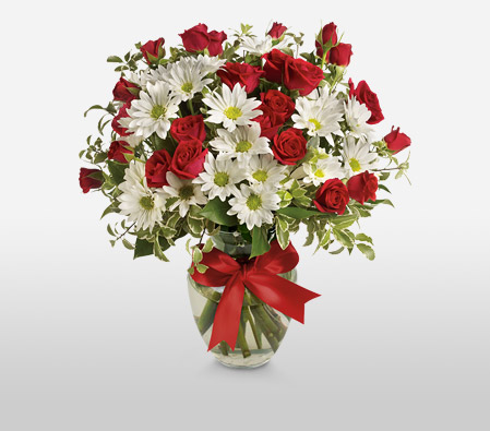Roses And Daisies-Red,White,Chrysanthemum,Daisy,Rose,Arrangement,Bouquet