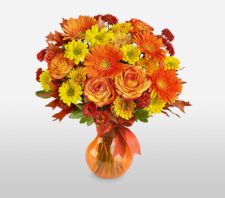 Sprightly Splendor-Orange,Red,Yellow,Chrysanthemum,Daisy,Gerbera,Mixed Flower,Rose,Arrangement