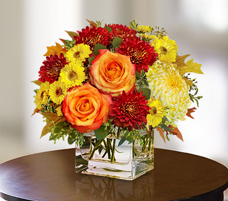 Subtly Sensational-Yellow,Mixed,Orange,Red,Chrysanthemum,Daisy,Rose,Arrangement