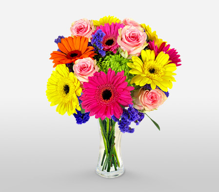 Spectacular Surprise-Blue,Mixed,Orange,Pink,Yellow,Chrysanthemum,Gerbera,Rose,Bouquet
