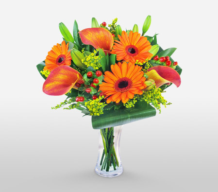 Vibrant Extravaganza-Green,Orange,Gerbera,Lily,Bouquet
