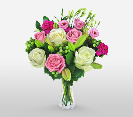 Elegance Personified-Green,Pink,White,Carnation,Rose,Bouquet
