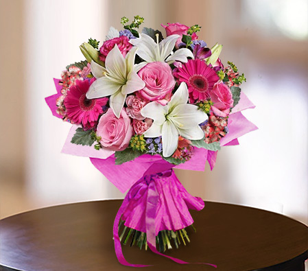 Mixed Flowers In Pink-Pink,White,Alstroemeria,Carnation,Gerbera,Lily,Rose,Bouquet