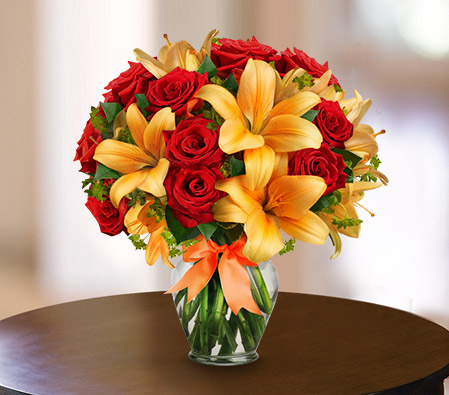 Season Of Blooms-Orange,Red,Lily,Rose,Arrangement