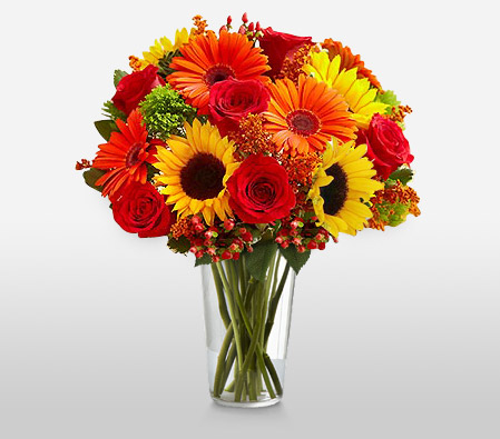 Blooming Blossoms-Mixed,Orange,Red,Yellow,Gerbera,Rose,SunFlower,Bouquet