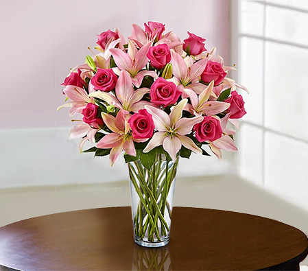 Swirling Beauty of Lilies & Roses-Pink,Lily,Rose,Bouquet