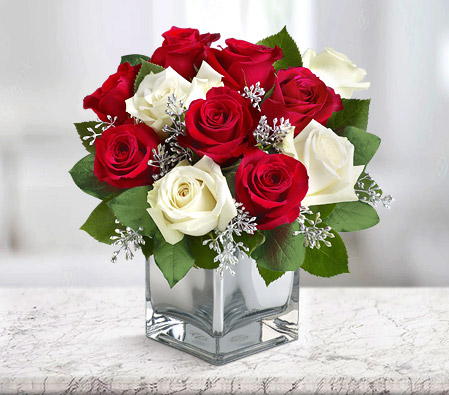 Winter Christmas - Red and White Roses <br><span>Free Vase</span>