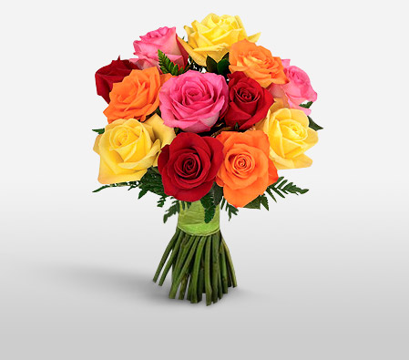 1 Dozen Mixed Roses Bouquet-Mixed,White,Orange,Yellow,Pink,Red,Rose,Bouquet