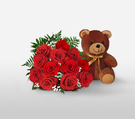 1 Dozen Red Roses Bouquet With Teddy-Red,Rose,Teddy Bear,Bouquet,Gifts