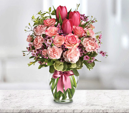 Pink Sensation-Green,Pink,Carnation,Mixed Flower,Rose,Tulip,Arrangement,Bouquet