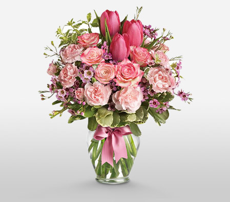 Pink Sensation-Green,Pink,Tulip,Carnation,Rose,Arrangement,Bouquet
