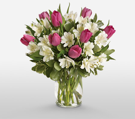 Sweet Notions-Pink,White,Alstroemeria,Tulip,Arrangement,Bouquet