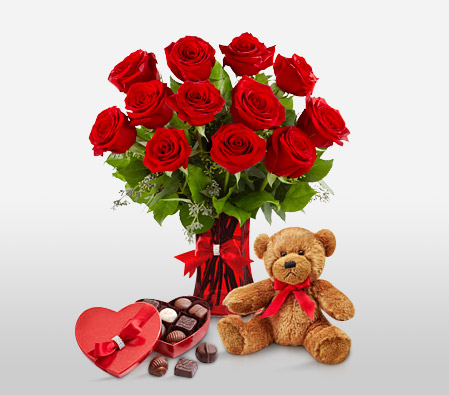 Love Is In The Air-Red,Chocolate,Rose,Teddy Bear,Arrangement