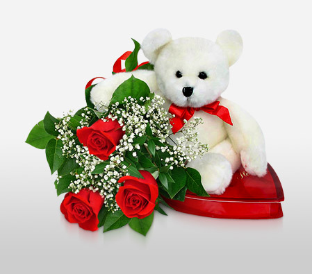 Lovers Treasure-Red,White,Teddy Bear,Chocolate,Rose,Bouquet