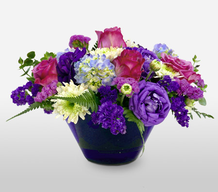 Graceful Mixed Flowers-Blue,Green,Pink,Hydrangea,Rose,Arrangement