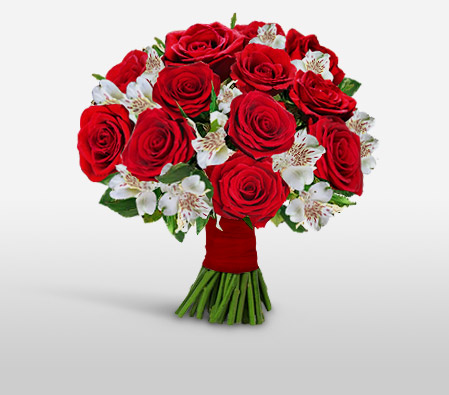 Red Romantic-Red,White,Alstroemeria,Rose,Bouquet