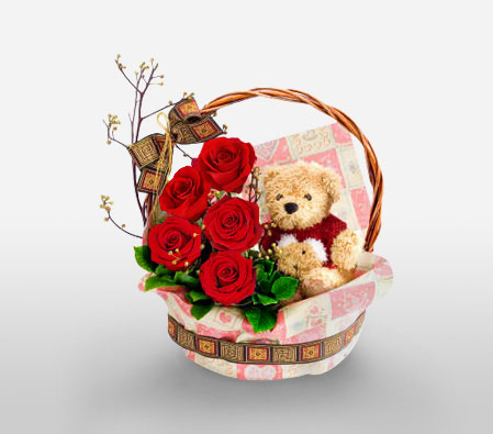 Red Roses in Basket with Teddy